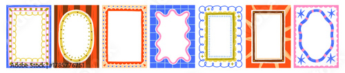 Doodle-style picture frames set. Modern cute abstract decorative borders, whimsical creative backgrounds, design elements, decorations. Flat vector illustrations isolated on white background