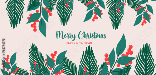 En tête site web "Joyeux Noel et Bonne année" avec un contour de branches de houx et de sapin. Parfait pour donner une ambiance chaleureuse à votre e-shop pour les fêtes de fins d'années