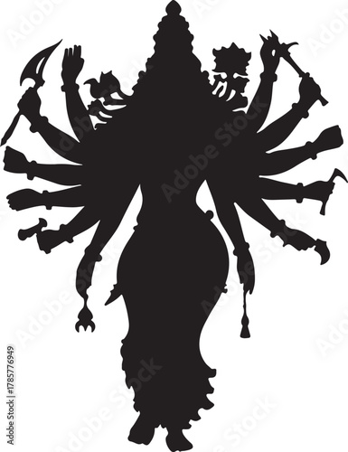 Black silhouette of the Hindu goddess Kali with multiple arms holding weapons and a skull necklace on a white background