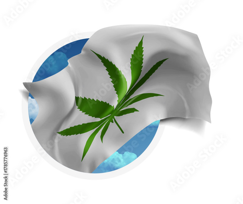 Сannabis, vector 3d flag against a blue sky, through a round hole on a white background