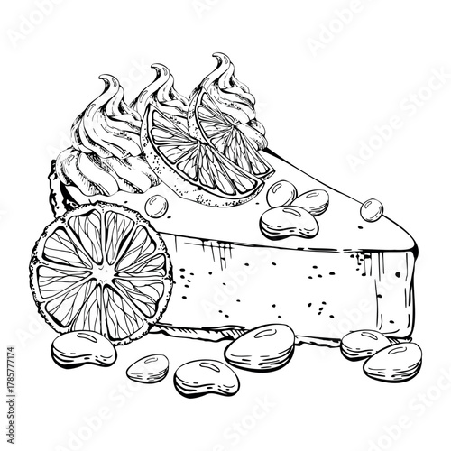 Orange slices on cheesecake portion, chocolate souffle layer cake with custard cream swirls, candy dragee bonbons. Vector ink dessert clipart. Menu cards, edible-themed frame accents, party labels.