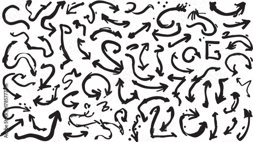 Collection of Black Hand Drawn Arrows and Swirls on White Background Keywords: arrow, direction, pointer, sign, symbol, graphic, design, element, illustration, hand drawn, sketch, doodle, brush