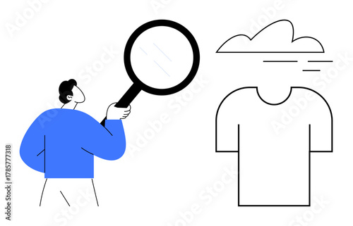 Figure holding magnifying glass faces cloud-covered human outline, signifying search, insight, identity, or mystery. Ideal for discovery, analysis, self-reflection, problem-solving identity