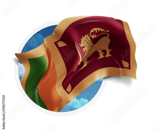 Sri Lanka, vector 3d flag against a blue sky, through a round hole on a white background