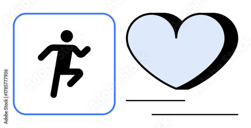Running figure icon beside a heart shape, combining health, activity, and wellness themes. Ideal for fitness, healthcare, lifestyle, motivation cardio wellbeing sports. Simple flat metaphor