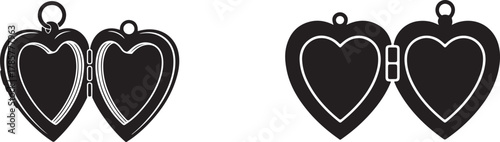 Two black heart shaped lockets one open and one closed on a white background