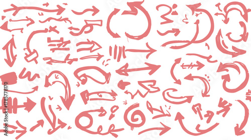 Collection of Hand Drawn Pink Arrows and Symbols on White Background Keywords: arrow, direction, pointer, sign, symbol, graphic, design, element, illustration, hand drawn, sketch, doodle, brush