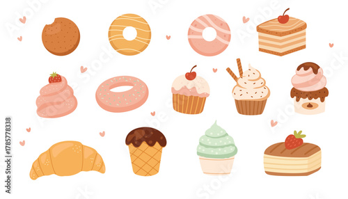 Cute cartoon set of sweets and pastries. Vector illustration.