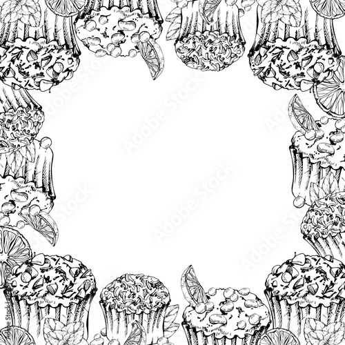Frosted cupcake with chocolate dragees, mint garnish and sugar sprinkle icing on muffins in vector ink. Hand drawn isolated illustration for corner frames, greeting cards, cafe or festival menus.