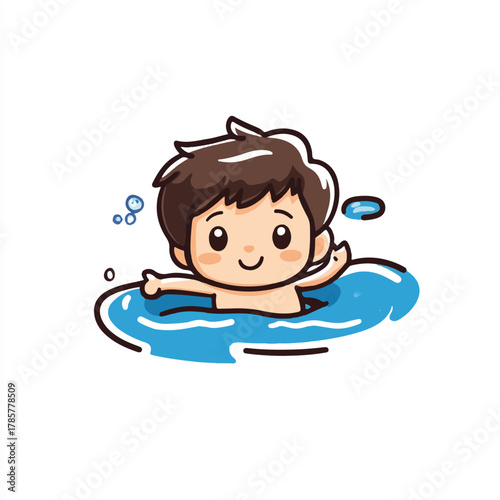 Happy cartoon boy enjoying a refreshing swim in the water with a smile