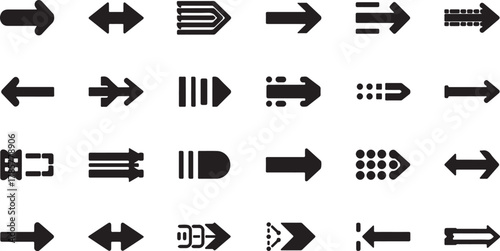 Diverse Collection of 24 Black Arrow Icons with Various Styles and Directions on White Background