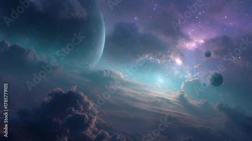 Alien world rests under nebula skies, set in far space inside glowing galaxy cosmos. universe filled stars becomes celestial dream for astronomy. This nebula in space expands galaxy and cosmos beauty.