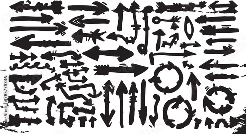 Diverse Set of Black Hand Drawn Arrows and Symbols on White Background Keywords: arrow, direction, pointer, sign, symbol, graphic, design, element, illustration, hand drawn, sketch, doodle, brush
