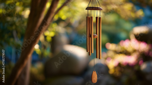 A wind chime, usually made of bamboo and metal, sways with the breeze, creating gentle, melodic sounds that evoke a serene, natural, and soothing atmosphere.
