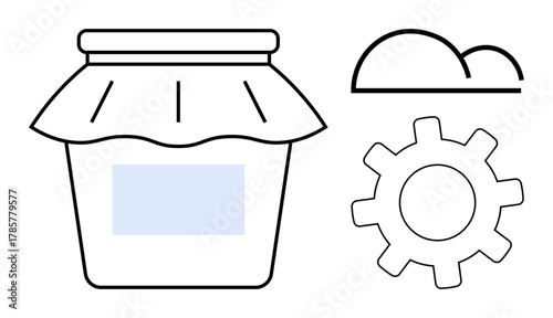 Glass jar with fabric lid, adjacent cloud and gear outlines. Ideal for food preservation, organization, storage, cloud computing, process, simplicity teamwork. Clean flat metaphor