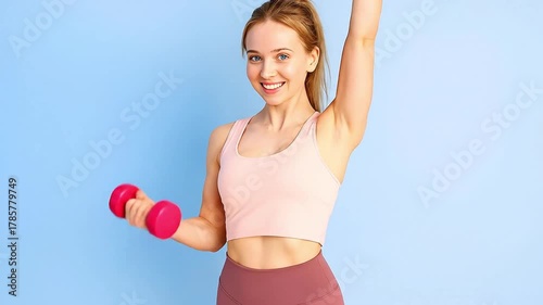 Smiling Fit Woman in Pink Sportswear Exercising with Dumbbells, Promoting Health and Wellness on a Vibrant Blue Background