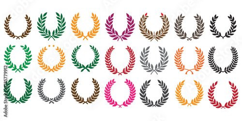Set of silhouette circular laurel foliate, wheat and oak wreaths depicting an award, achievement, heraldry, nobility on white background.