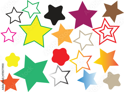 Set of colorful star rating icons and decorative graphic elements on white background