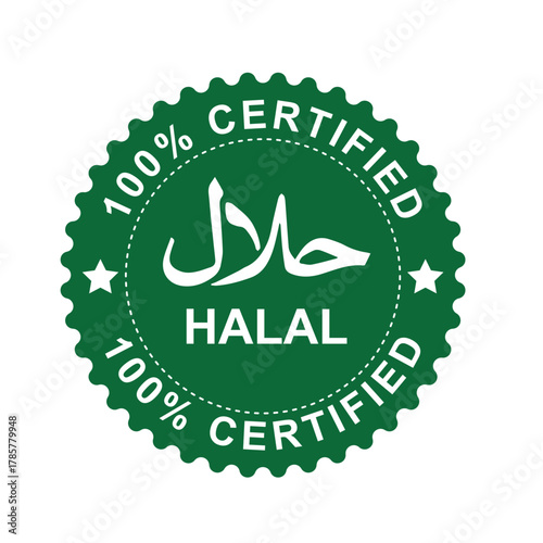 Tableau sur toile Green circular halal food labels with arabic text and 100 percent halal message used for food certification and packaging