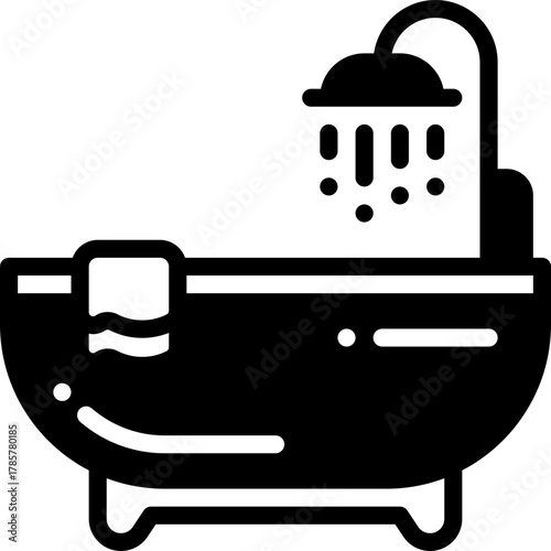 Minimal Solid line bathtub icon with shower and towel, perfect for hotel or spa themes.