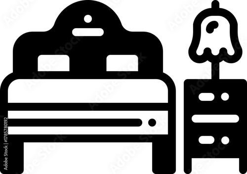 Solid line icon of a cozy bed with side table and lamp, ideal for interior or hotel design.