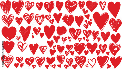 Numerous Red Hand- Drawn Heart Shapes and Symbols Arranged on White Background love hand-drawn