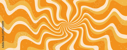 Swirl orange faded starburst background with noise texture. Vector wavy retro decoration. Radial carnival liquid stripes vintage backdrop