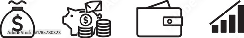 Outline icons of a money bag, piggy bank with coins, wallet, and a rising bar graph Keywords: money bag, dollar sign, piggy bank, coins, wallet, purse, money, finance, savings, investment, growth