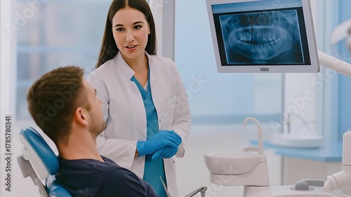 Female Dentist Discussing Panoramic X-ray with Male Patient in Modern Dental Clinic for Oral Health Consultation