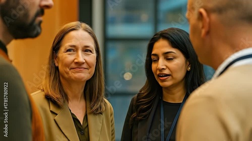 Diverse Business Professionals in Engaging Conversation at Corporate Event, Showcasing Teamwork and Collaboration