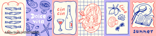 Dolce Vita poster designs set. Italian coastal holiday, summer vacation, cards with retro doodle drawings. Sardines, seashell frame, lobster, beach book, seafood sketches. Drawn vector illustrations