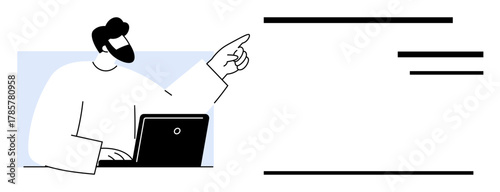 Businessman using a laptop and pointing to a concept. Ideal for presentation, teamwork, collaboration, communication, consulting, leadership, productivity. Simple flat metaphor