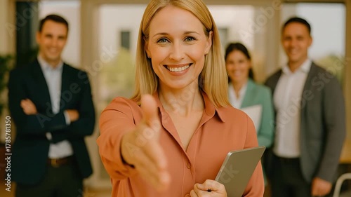 Smiling Professional Woman Reaching Out for Handshake, Digital Tablet in Hand, with Diverse Business Team in Modern Office