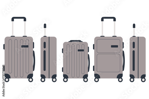 A set of beige travel suitcases on wheels.  Family travel suitcases, hand luggage and checked baggage. Vector illustration in a flat design.