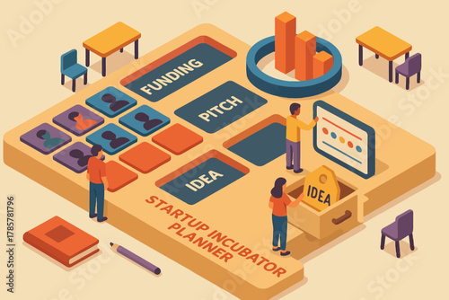 Illustration of startup incubator planner with diverse people and business elements