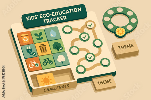 Kids' eco-education tracker with interactive challenges and themes