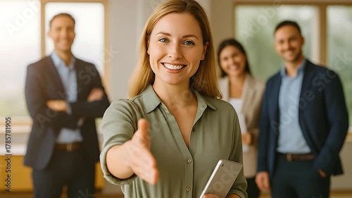 Smiling Businesswoman Extending Handshake, Welcoming Collaboration with Professional Team in a Modern Office Environment
