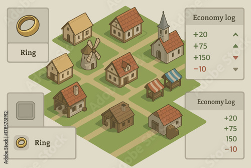 Isometric medieval village economy game interface with buildings and economy log