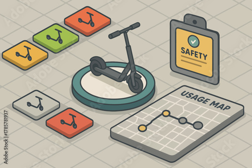 E-scooter safety: isometric design illustrating maps and usage with icons