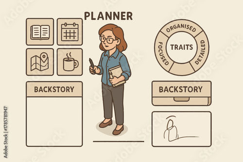 Female caucasian adult icon planner character design with traits and backstory elements