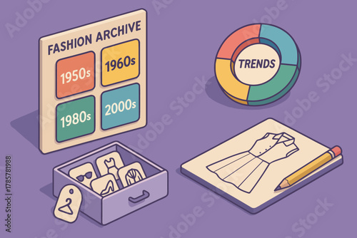 Fashion archive trends chart with dress sketch and accessories box
