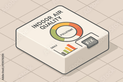 Indoor air quality monitor displaying pollutant levels with fix button on tiled surface