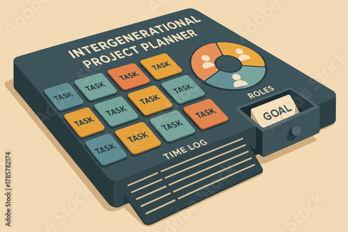Intergenerational project planner with tasks, roles, and goals on beige background