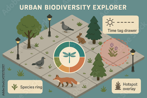 Urban biodiversity explorer app interface with wildlife icons and features