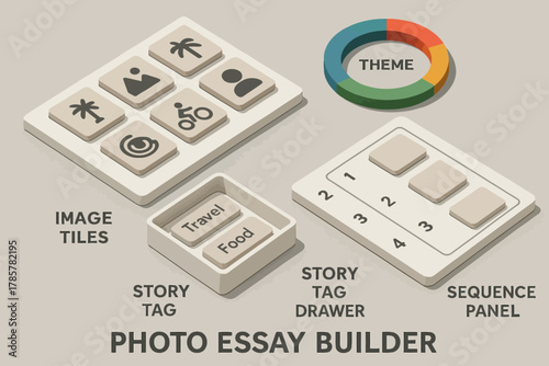 Photo essay builder guide with image tiles, story tags, and sequence panel