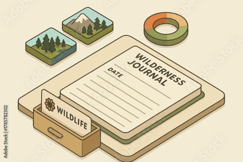 Illustrated wilderness journal with nature elements and wildlife badge