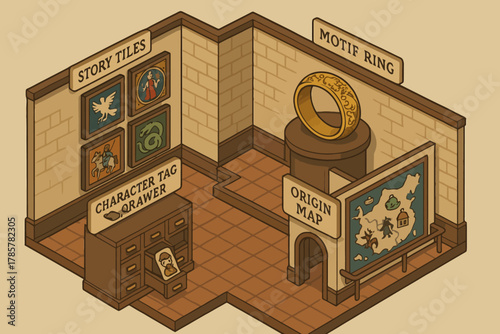 Isometric fantasy room with story tiles, artifact ring, and origin map