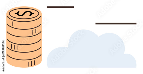 Stack of coins next to cloud formation, symbolizing cloud-based finance, virtual wealth, or digital economy. Ideal for financial technology, savings, investments, cloud storage, online banking
