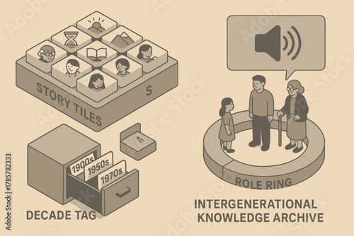 Story tiles and role ring concept illustration for decade-tagged knowledge archive