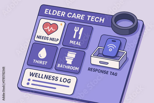 Smart elder care tech interface with wellness log and response tag